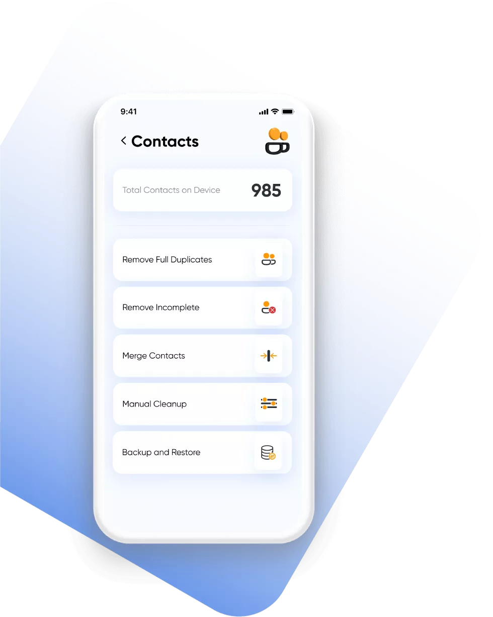 Contact manager interface with tools to clean, merge, and back up contacts